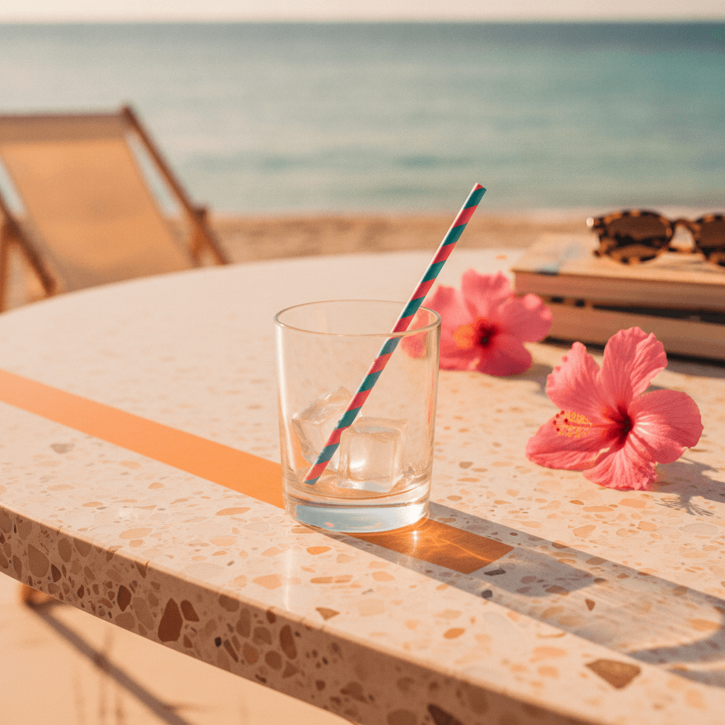 Verre vide avec glace fondante au coucher du soleil