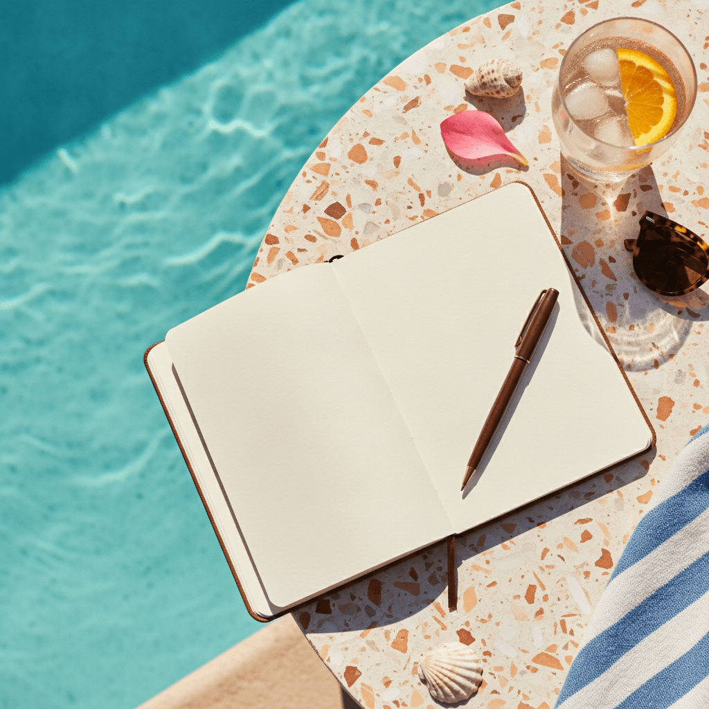 Cahier ouvert avec stylo sur terrazzo au soleil