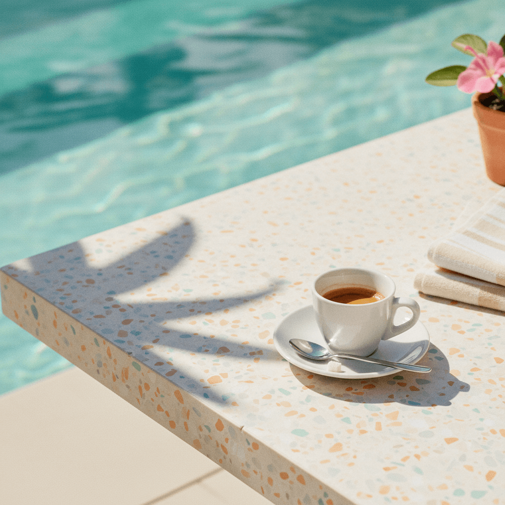 Tasse espresso sur terrazzo au bord de la piscine, lumière du matin